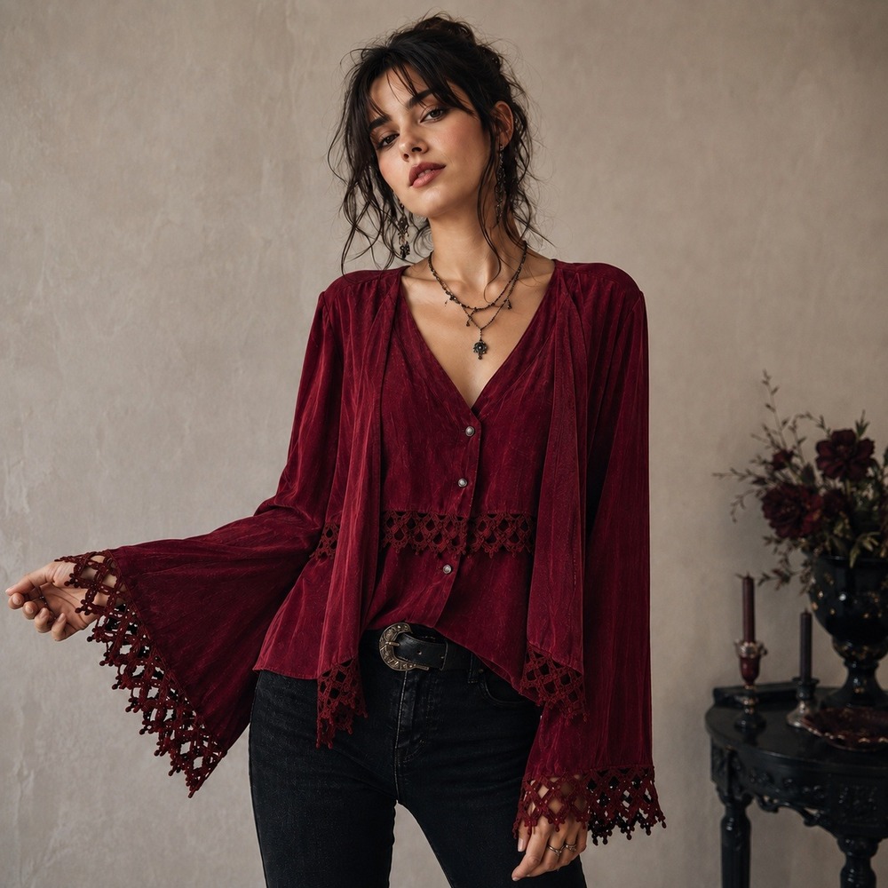 Ann Ferriday Crochet Top Womens OS Bell Sleeve  Dark Romance Whimsigoth Boho